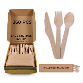ZenithPro Wood Compostable Utensils Set or compostable silverware - 360 Pieces (120 Forks 100 Spoons 80 Knives & 20 Wooden Utensils set) - biodegradable Bamboo Utensils or wooden cutlery set for Party