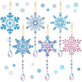 Tradder 6 Pcs Diamond Art Wind Chimes Gift for Craft Lover Diamond Art Kit Double Sided Snowflake Ornaments with Crystal Pendant for Home Garden Decor