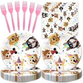 48Pcs Cute Dog Birthday Party Decorations Tableware Inculde Plates Napkins Forks for Birthday Pet Party and more party Serve 16 Guests
