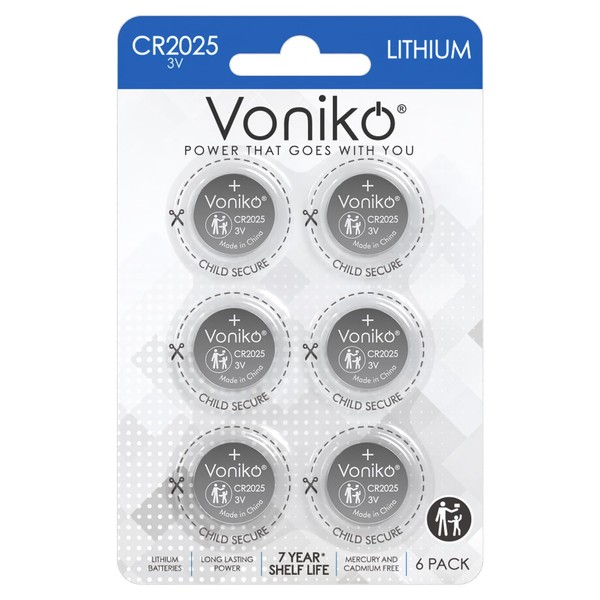 Voniko 3 Volt CR2025 Battery 6 Pack – CR 2025 Battery – CR 2025 Lithium Coin Batteries – 7 Years Shelf Life