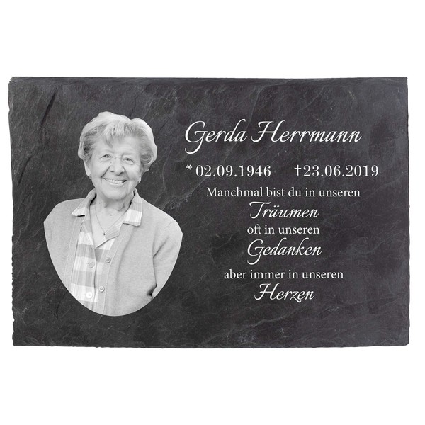wandmotiv24 Slate plaque mourning, memorial plaque deceased landscape format 30 x 20 cm, personalised name + date + photo, black and white, mourning saying, digital print, weatherproof