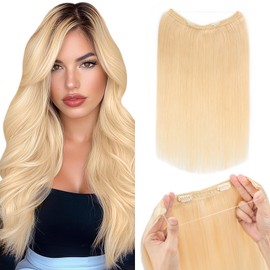 Silk-co One Piece Wire in Hair Extensions 20inch #613 Bleach Blonde Real Human Hair Wire No Clip Straight Hairpiece