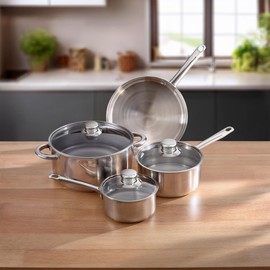 Tuxton Home Nevada 7 Piece Cookware set; Stainless Steel, PFTE & PFOA Free, Freezer to Oven Safe, Induction Compatible; 1QT & 2QT Saucepans, 5QT Dutch Oven, 10" Open Frypan