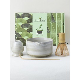 Artcome Matcha Bowl Set with Spout – Handmade Ceramic Chawan, Bamboo Whisk, Whisk Holder, Tea Scoop, and Matcha Manual – Japanese Tea Ceremony Set
