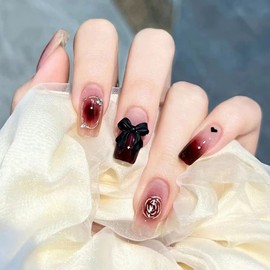 Long Press on Nails Coffin Gradual Red Fake Nails with Delicate Roses and Bow Charm Designs Glitter Acrylic Glue on Nails Nail Supplies for Women Girls 24Pcs
