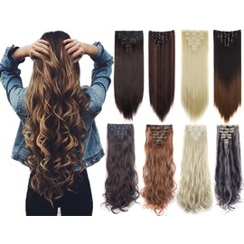 7Pcs 16 Clips 23"-24" Thick Curly Straight Full Head Clip in on Double Weft Hair Extensions