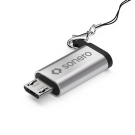 Sonero Micro USB auf USB-C Adapter, kompatibel mit Apple Geräten, OTG Unterstützung, Perfekt für e-Bikes geeignet, inkl. Schlaufe/Karabiner, Aluminium Gehäuse, Silber