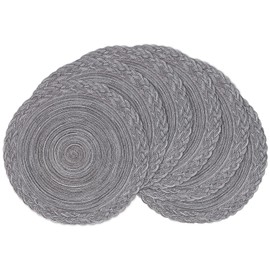 SHACOS Round Placemats Set of 6 Woven Round Table Mats 15 inch Braided Border Washable Cotton Polyester Circle Place Mats, Gray