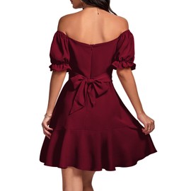 LYANER Women's Square Neck Ruffle Wrap Mini Dress Off Shoulder Flounce Short Sleeve A Line Flowy Dress Burgundy Medium