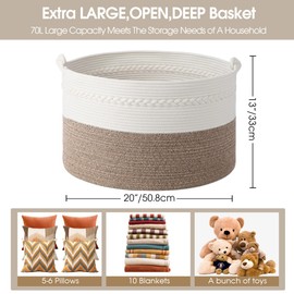 HOBASKET Laundry Basket,20''x13''Woven Cotton Rope Laundry Hamper,Blanket Basket for Living Room;Toy storage;Woven basket;Nursery Storage Bin,Nursery hamper,Boho Room Decor (White+Brown)