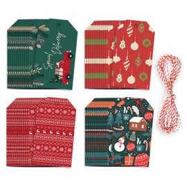 Mobiusea Creation Christmas Gift Tags | 3.5 x 2 Inch | 48 Pcs Christmas Tags with String | 4 Color Assortments with Santa, Christmas Tree, Snowflake and Present Design Christmas Tags for Gifts