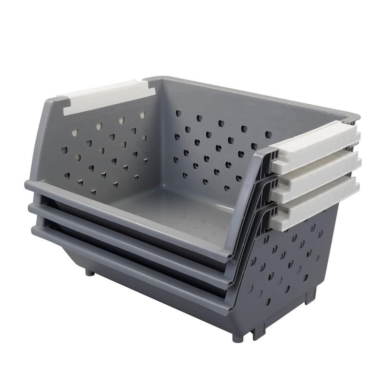 Utiao 3 Pack Gray Large Stacking Basket Bin, Open Front