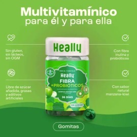 HEALLY | Gomitas Con Probióticos y Prebióticos | 72 Gomitas Sin Azúcar | Fibra Inulina y Lactobacillus | Apoyo en Salud Intestinal | Origen natural Ve