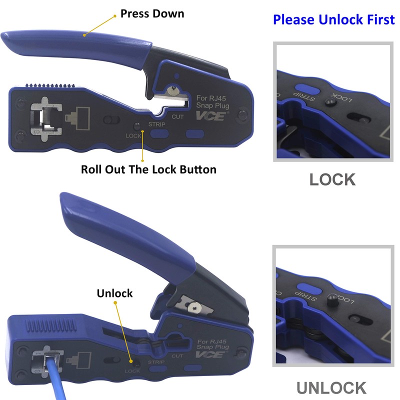 VCE Pass Through RJ45 Crimp Tool Kit, 3-in-1 Ethernet Crimper