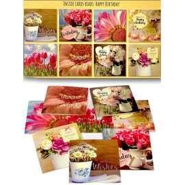Pack of 8 Mixed Assorted Happy Birthday Wishes Floral Adult Cards Greeting Card