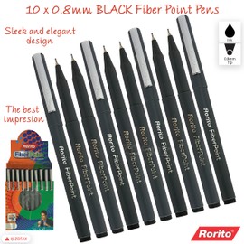 rorito 10 x 0.8mm Fiber Point BLACK Pens Smooth Fine Dark Writing Sleek Design