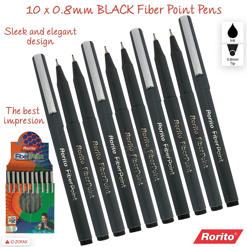 rorito 10 x 0.8mm Fiber Point BLACK Pens Smooth Fine
