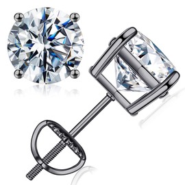 SMILEST Black Ruthenium Vermeil Moissanite Earrings for Men, 1.6ct D Color VVS1 Clarity Lab Created Stud Earring Black Gun Vermeil Sterling Silver Moissanite Screw Back Earrings for Men Birthday Gifts