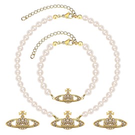 Saturn Faux Pearl Choker Necklace 3 Pieces Planet Pearl Necklace for Women Beads Saturn Crystal Rhinestone Necklace Planet Chain Pearl Necklace with Pendant for Wife Girlfriend Daughter Mother Gift