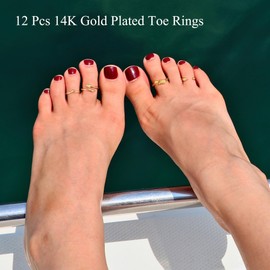 WAINIS 12Pcs Toe Rings for Women Non Tarnish 14K Gold Silver Toe Ring Set Simple Cute Open Adjustable Band Toe Ring Hawaiian Beach Summer Foot Jewelry