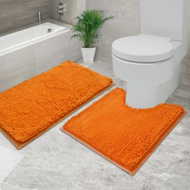 Flotstiga Bathroom Rugs Chenille, Extra Thick and Absorbent, Non-Slip, Machine Washable, Dry Quckily, Soft Cozy Plush, Used Under Shower Bathtub and Sink, Bath mat Sets 5050U+5080 Orange