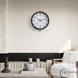 Clockswise 12-inch Non-Ticking Quartz Wall Clock with Thermometer & Hygrometer - Battery Operated Plastic Analog Clock for Temperature & Humidity Monitoring - Ideal for Home, Office or School, Black