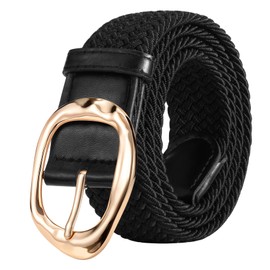 JASGOOD Braided Elastic Belt for Women Stretchy Woven Golf Belt Casual Web Belt for Jeans Pants with Gold Buckle, Black, Fit Waist Size 32inch-36inch
