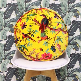 Riva Paoletti Paradise Round Cushion Cover - Yellow - Colourful Bird Print - Faux Velvet Fabric - Blanket Stitched Edges - 100% Cotton - 50 x 50 x 12cm (20" x 20" x 5" inches) - Designed in the UK