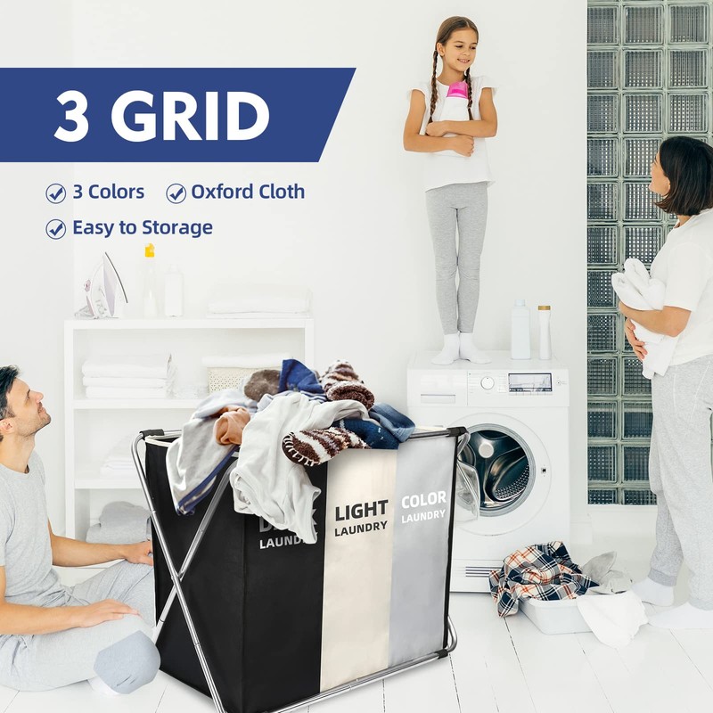 180L Laundry Basket Sorter, Large 3 Section Collapsible Laundry Hamper