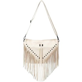 IAMUHI Casual Rivets Fringed Shoulder Handbag for Women/Girls,Soft Vegan Leather Hippie Crossbody Purse Bag Beige