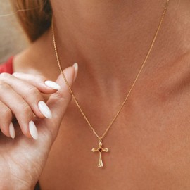 TONTMY STUDIOS Gold Cross Necklace 14K Gold Plated Red Heart Simple Cute Cubic Zirconia Cross Pendant Charm Necklaces for Women Trendy Minimalist Jewelry for Women