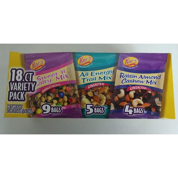 Kars Nuts SN08826 Snack Mix, Variety Pack, 3 lb, 18/BX, Multi