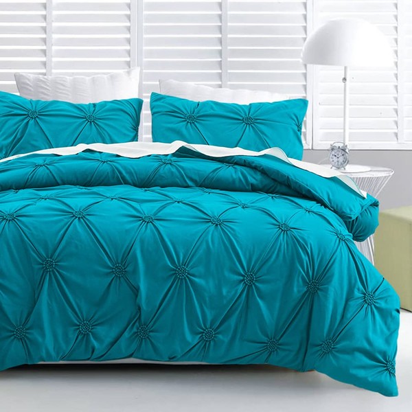 SLEEPBELLA Luxury Ruched Floral Pintuck 3pcs Teal King Comforter Sets, Soft Microfiber Inner Fill Down Alternative Shabby Chic Bedding Set Peacock Blue