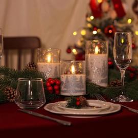 SNUGBLAKI Christmas Flickering Flameless Candles, 3D Wick Battery Operated Candles with Remote, Real Wax in Glass Fake LED Candles for Home, Party, Holiday Festival, Gifts, Set of 3