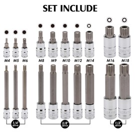 MIXPOWER 20PCS 1/4", 3/8", 1/2" Drive Spline Tip Bit Socket Set, M4-M18, 4" Length, Standad&Extra Long, XZN Triple Square Socket Set