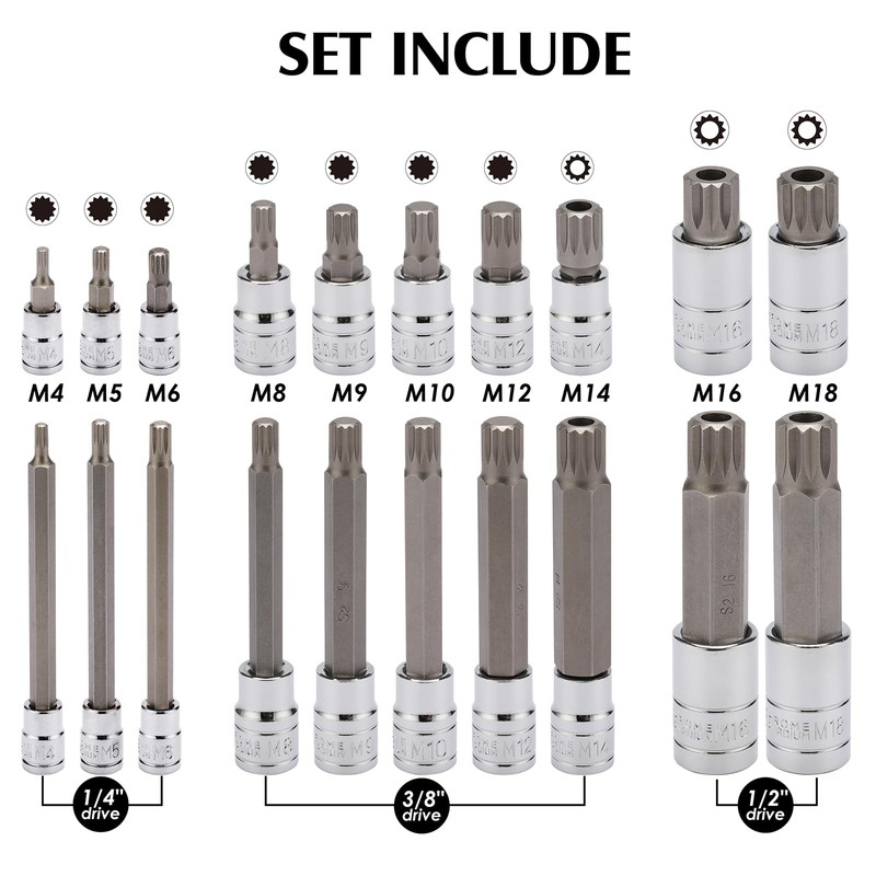 MIXPOWER 20PCS 1/4", 3/8", 1/2" Drive Spline Tip Bit Socket
