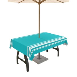 QueenKer Outdoor Tablecloth with Umbrella Hole, Farmhouse Aqua White Stripe Rectangle Tables Waterproof Tabletop Collection for Patio, Garden, Picnic, Camping, Dining 60 x 102 inch