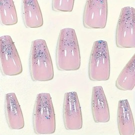 Silver Glitter Press on Nails Medium Length Shape Fake Nails with Pink Gradient Designs French Nails Press ons False Nails Full Cover Nails Sparkling Gradient Manicure Nail Decoration for Women 24Pcs