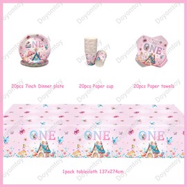 Doyomtoy Fairytale Birthday, 61 Pieces Fairy Flowers Mushroom Party Tableware 1 Year Party Girls Fairies Birthday Plates Cups Napkins for Children's Birthday Flowers Party Decoration Baby Shower 1st