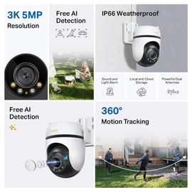 Tapo 3K 5MP Wi-Fi Outdoor Camera, 360° coverage Pan/Tilt Outdoor Security Camera, IP66 Weatherproof, Person/Pet/Vehicle Detection and Notification, Sound and Light Alarm, Colour Night Vision (C530WS)