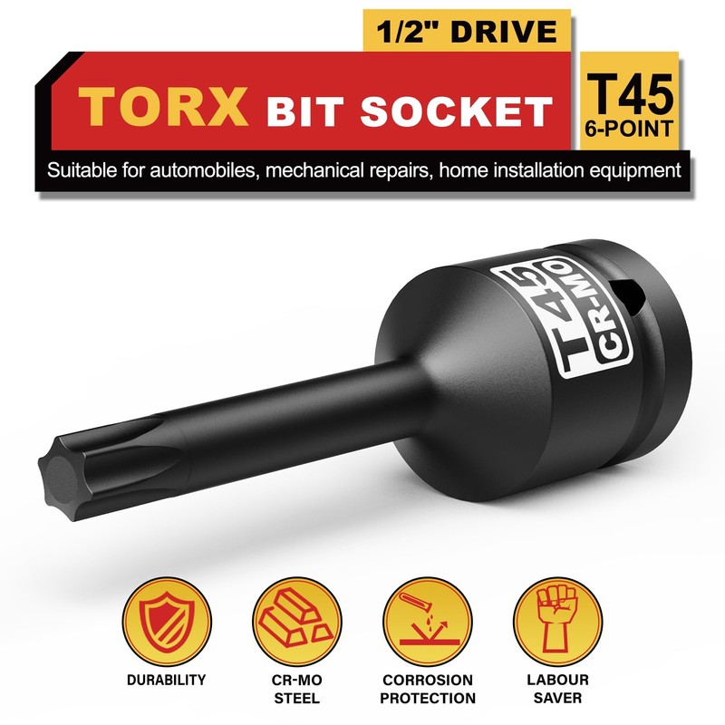 KIRXST T45 Profile Impact Star Socket Bit, 1/2" Torx Profile