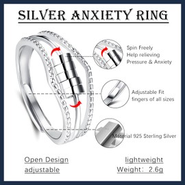 Estrellique Silver Anxiety Rings, 925 Sterling Silver Anxiety Fidget Ring, Open Adjustable Anti-Stress Decompression Rings, 5/7 Balls Spinner Ring for Anxiety Women Man Girls, Cross Anti-Anxiety Ring,
