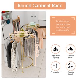 Round Garment Rack,Freestanding Round Clothing Rack,Iron Clothes Hanging Rack with Topper,Metal Clothing Rack for Shopping Malls Retail Boutique Display Laundry Rooms Bedroom (Gold)