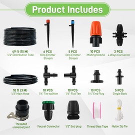 Quibbay 59FT Drip Irrigation System Kit, Garden Watering System with 1/2" 1/4" Tube Hose Adjustable Nozzle Barbed Fittings, Micro Misting Sprinkler System for Plant Lawns Raised Beds Greenhouses