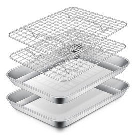 P&P CHEF 10.4 Inch Toaster Oven Pan with Rack Set, Stainless Steel Baking Pan Tray and Grid Cooling Rack for Cooking/Roasting, Dishwasher Safe & Easy to Clean, Non-toxic & Sturdy, (4Pcs)