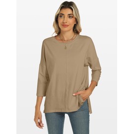 ANRABESS Womens 3/4 Length Sleeve Tops Loose Fit Tunic Shirts Oversized Spring Summer Casual Crew Neck Basic Boxy Tee Khaki Medium
