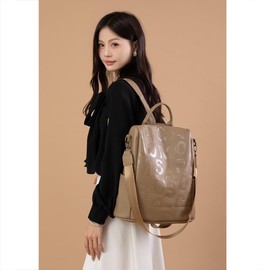 MYSNKU Women's Backpack PU Leather Anti-theft Shoulder Bags Letter Pattern Work Travel Hiking Satchel Casual Daypack Large Capacity (Khaki)