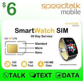 SpeedTalk Mobile $6 SIM Card for Smartwatches | 150 Minutes Talk, 150 Texts, 150MB Data | 30-Day Plan | Compatible with GSM Devices | No Contracts