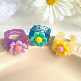 Aksod 3Pcs Flower Resin Acrylic Rings Candy Color Midi Joint Knuckle Rings Sets Trendy Cute Summer Ring Jewelry for Women (Style H)