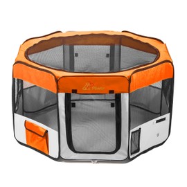 Pawer 36”×18.5” 8-Panel Foldable Pet Playpen, Orange+Grey, Personalize Embroidery Extra Fabric Piece Available, for Cat/Dog/Puppy, 600D Oxford Cloth Portable Indoor & Outdoor Kennel with Carry Bag